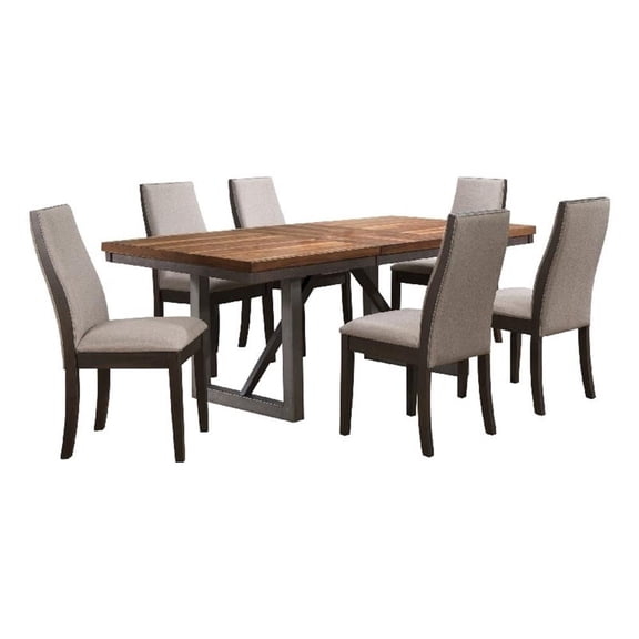 Benjara Zor 7pc Dining Set- 60-77" Extendable Table- 6 Chairs- Taupe Gray