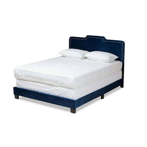Benjen Glam Navy Blue Velvet Fabric Upholstered Full Size Panel Bed