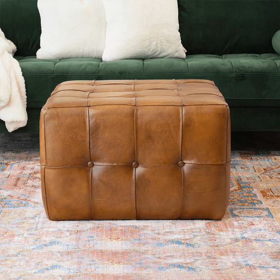 Benjiro Square Tan Leather Ottoman - 18"H x 27.5"W x 27.5"D, Ideal for Living Room as Coffee Table Bench Foot Rest