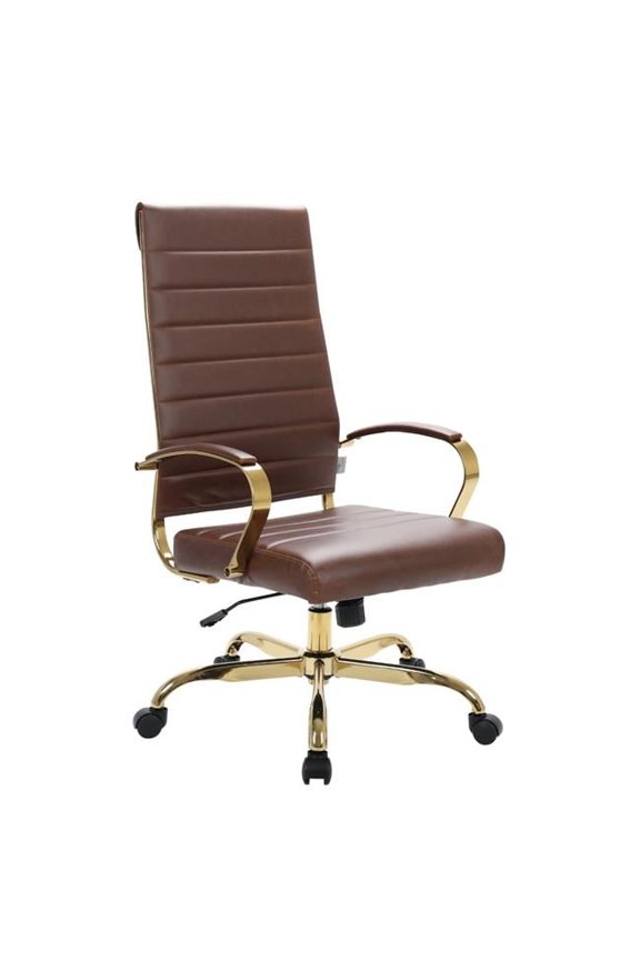 Benmar High-Back Leather Office Chair with Gold Frame, Brown