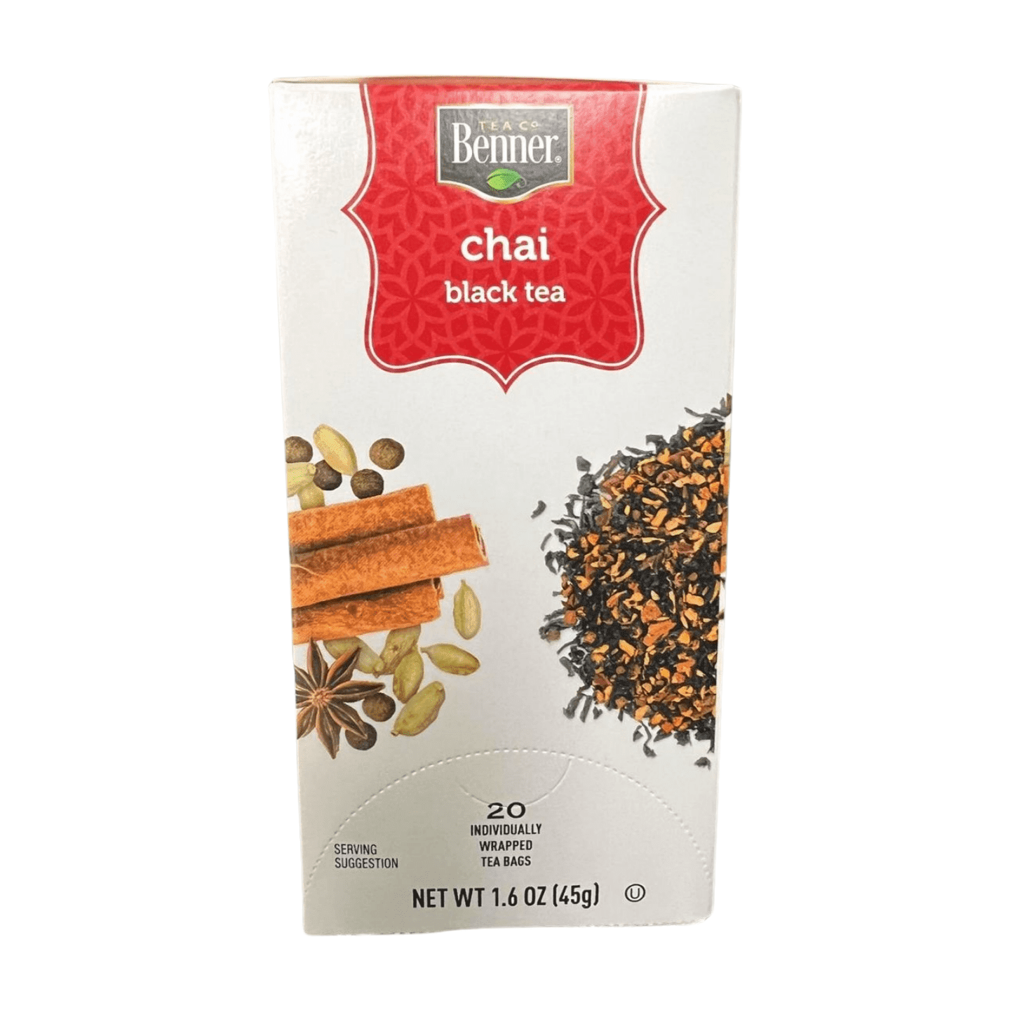 Benner Chai Black Tea with ginger and cloves.20 1.6 OZ individually wrapped teabags (45g