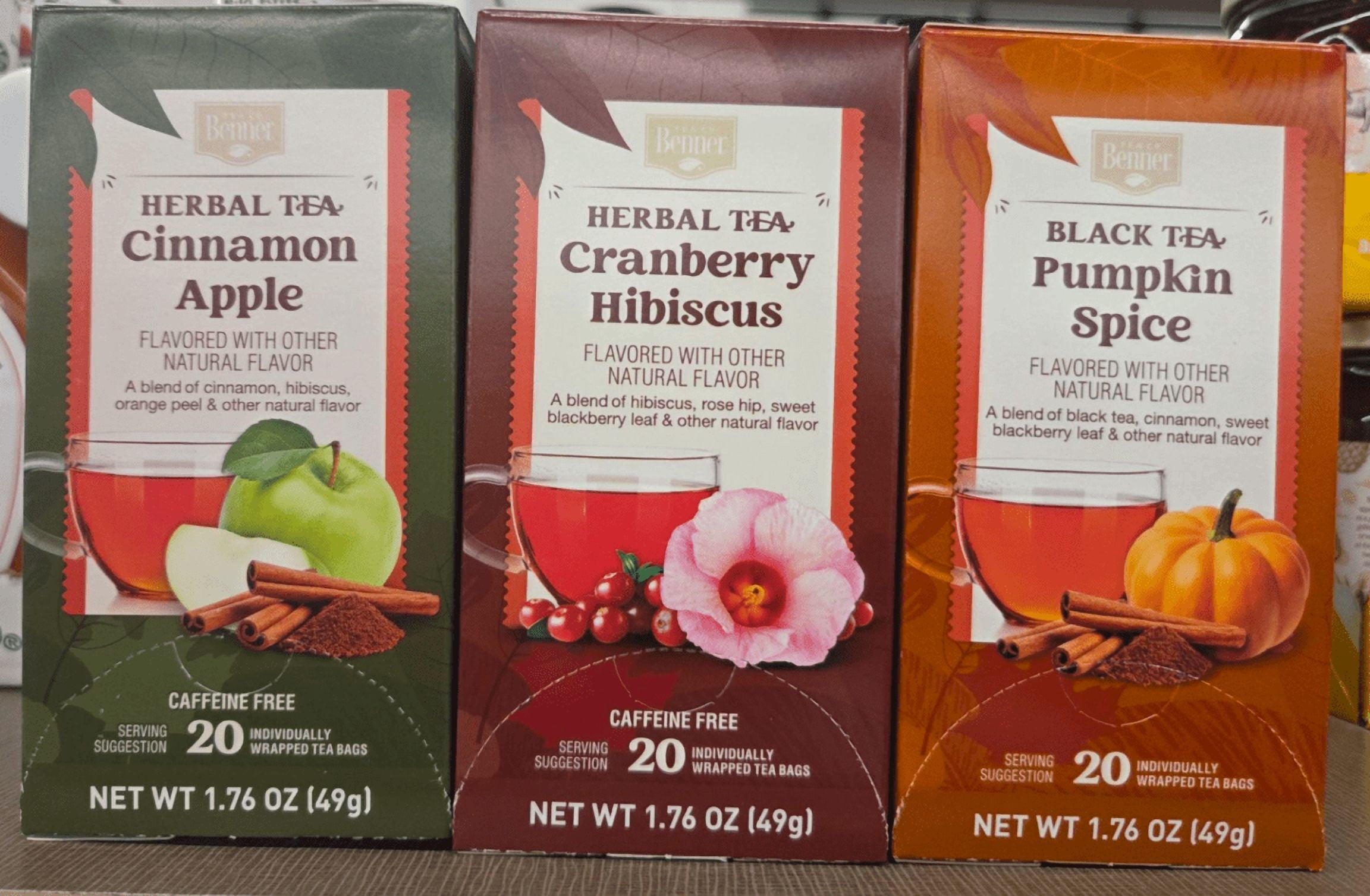 Benner Herbal/Black Tea Cranberry Hibiscus, Cinnamon Apple, Pumpkin Spice 20 Tea Bags 1.76oz 49g (3 Boxes)
