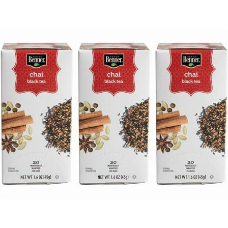Benner Tea Black Chai Tea Bags | 1.6 oz, (4.8 oz, 3-pack) | 60 individually wrapped bags
