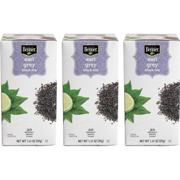 Benner Tea Earl Grey Black Tea Bags | 1.41 oz, (4.23 oz, 3-pack) | 60 individually wrapped bags