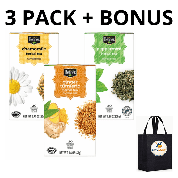 Benner Variety Herbal Tea Bags 60 Count Ginger Turmeric, Peppermint and Chamomile