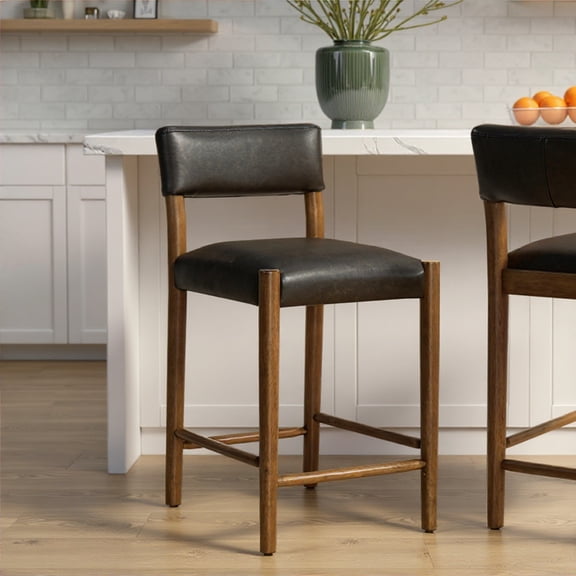 Bennet Modern Wood Counter Height Kitchen Bar Stool in Natural Finish with Black Faux Leather Upholstered Seat - Set of 4