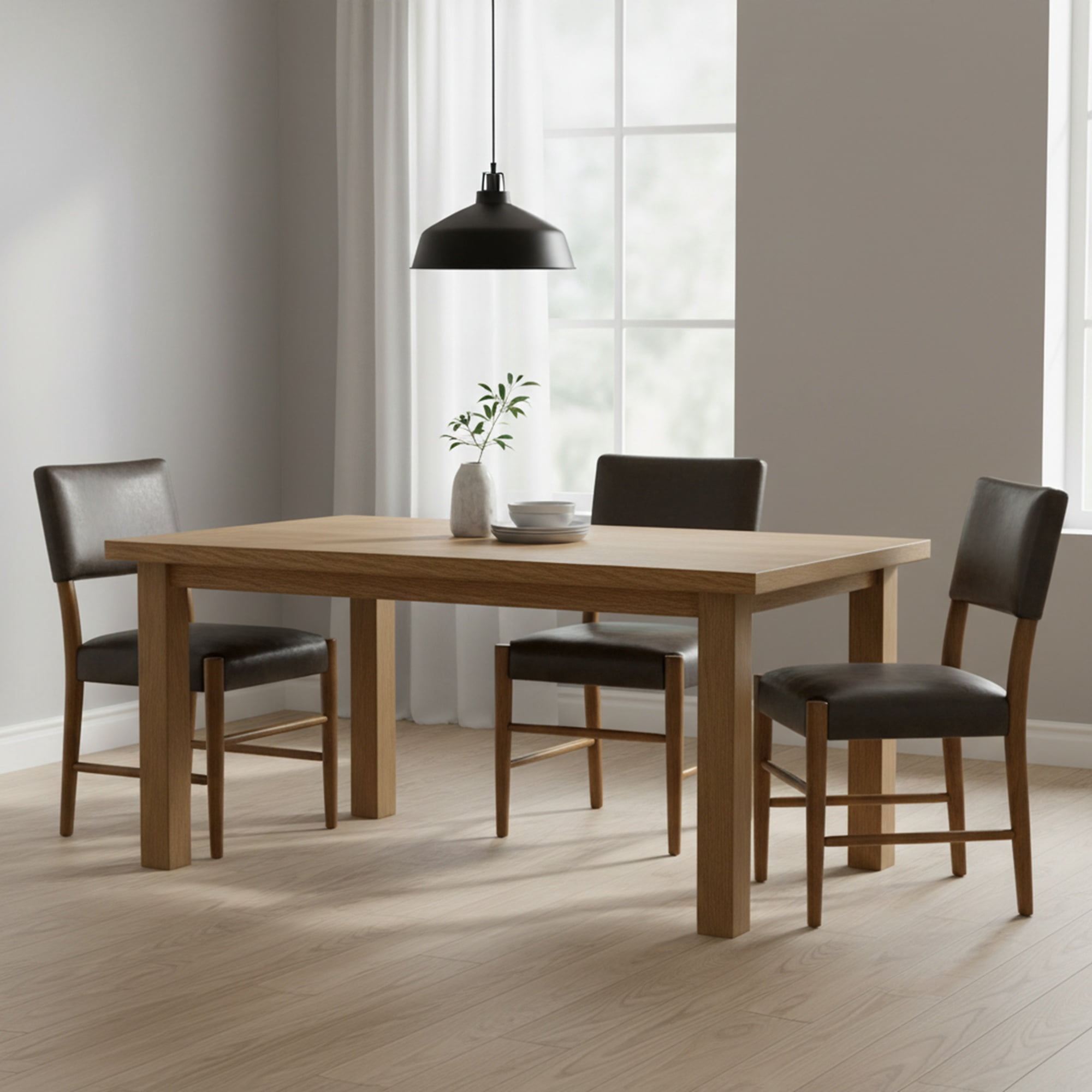 Bennet Modern Wood Dining Chair in Natural Finish with Black Faux Leather Upholstered Seat - Set of 2