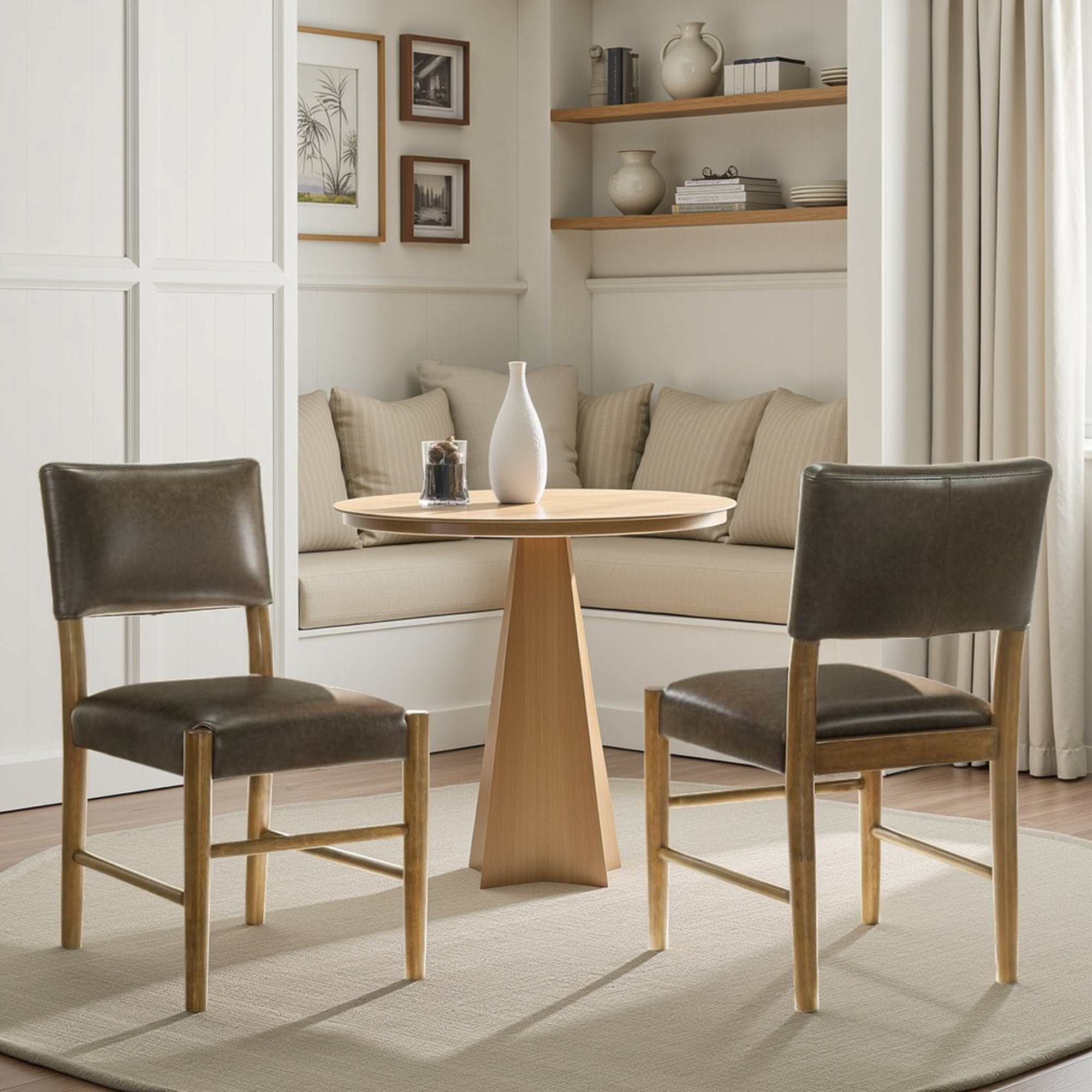 Bennet Modern Wood Dining Chair in Natural Finish with Brown Faux Leather Upholstered Seat - Set of 6