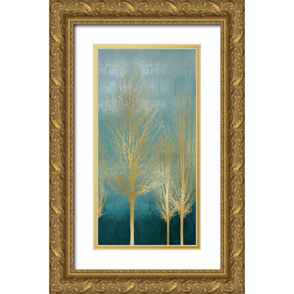 Bennett, Kate 11x18 Gold Ornate Wood Framed with Double Matting Museum Art Print Titled - Gold Trees on Aqua Panel II