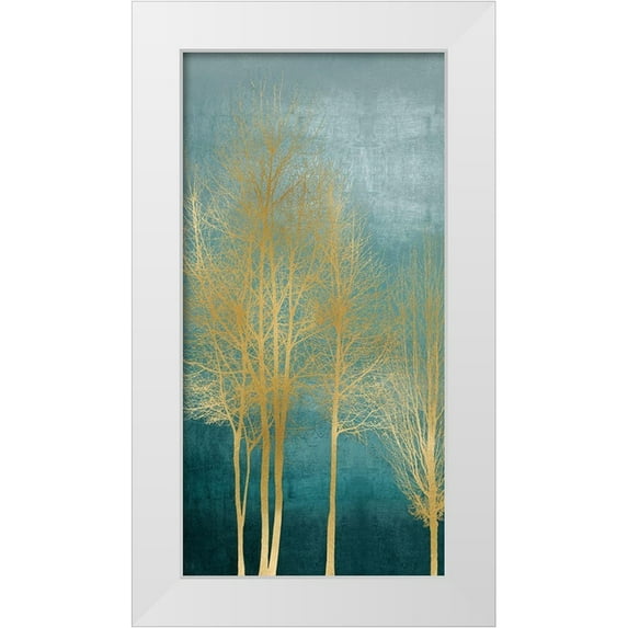 Bennett, Kate 14x24 White Modern Wood Framed Museum Art Print Titled - Gold Trees on Aqua Panel I