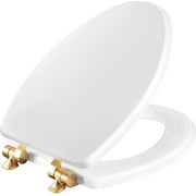 Bennett Toilet Seat with Brushed Gold Hinges, Slow Close Wood Seat, Secure Metal Hinges, Easy Install, Made in USA, Elongated, White