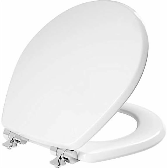 Bennett Toilet Seat with Chrome Hinges, Slow Close Wood Seat, Secure Metal Hinges, Easy Install, Made in USA, Round, White