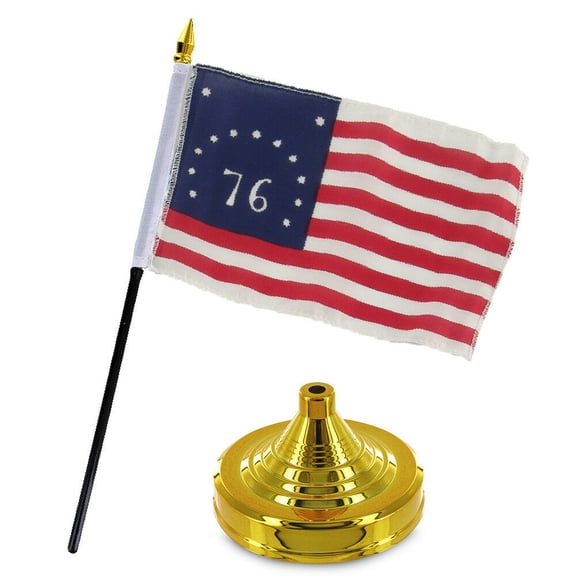Bennington 1776 Historical Flag 4"x6" Desk Set Table Stick Gold Base
