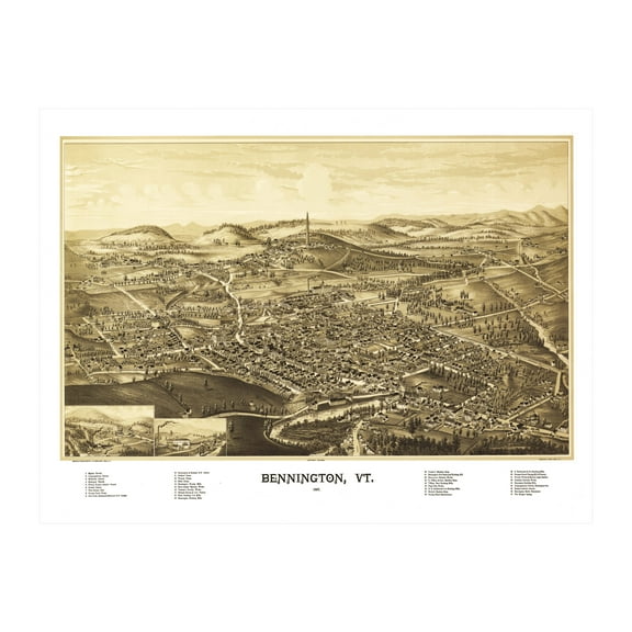 Bennington Art, 1887 Vintage Map of Bennington Vermont, VT History Wall Decor Gift, Old Bennington Map - 36" x 24" Unframed Print