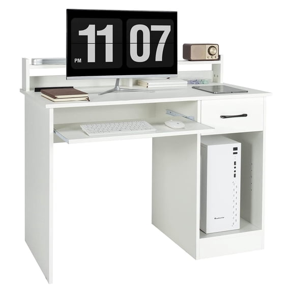 Bennium Computer Desk with Hutch, Home Office Desk with Drawer, Adjustable Shelf & Keyboard Tray, Study Writing Desk, Executive Workstation for Living Room, Bedroom & Study (White)