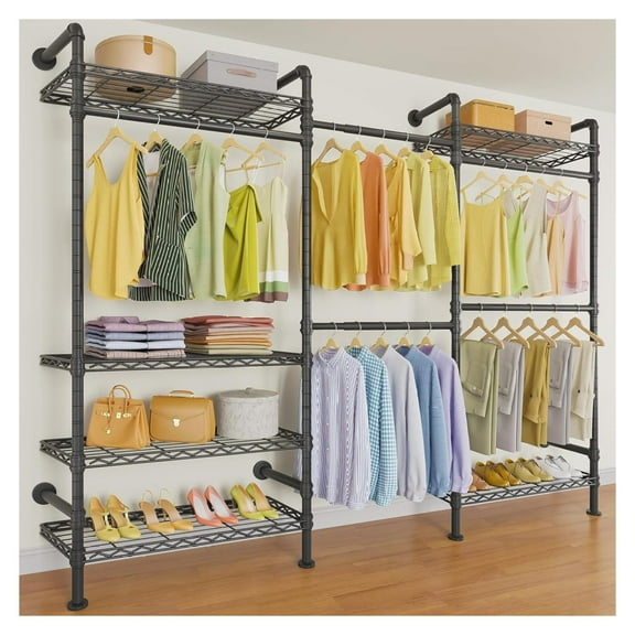 Bennium F3 Garment Rack Heavy Duty Clothes Rack for Hanging Clothes, Expandable Industrial Pipe Wall Mounted Clothing Rack, Adjustable Storage Closet Wardrobe Closet Kit Walk in Closet Systems, Black