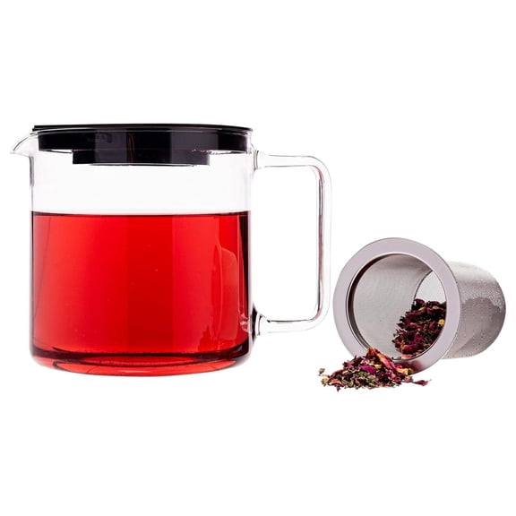 Bennium Glassware 1 Quart Teapot with Metal Mesh Infuser | Plastic Lid, Microwave and Stovetop Safe, Heat, Cold, and Thermal Shock Resistant Borosilicate Glass, Makes a Stunning Presentation