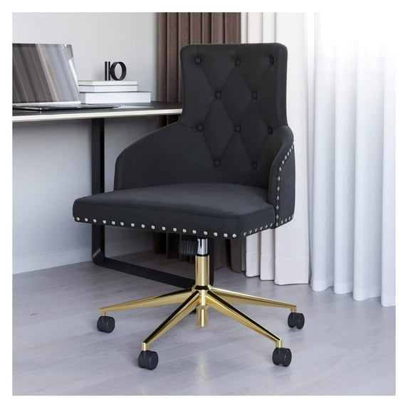 Bennium Modern Velvet Desk Chair for Home Office or Bedroom Vanity, Tufted Upholstered Seat with Slim Arms, Adjustable Height, Swivel, Wheels - Belden (Black)