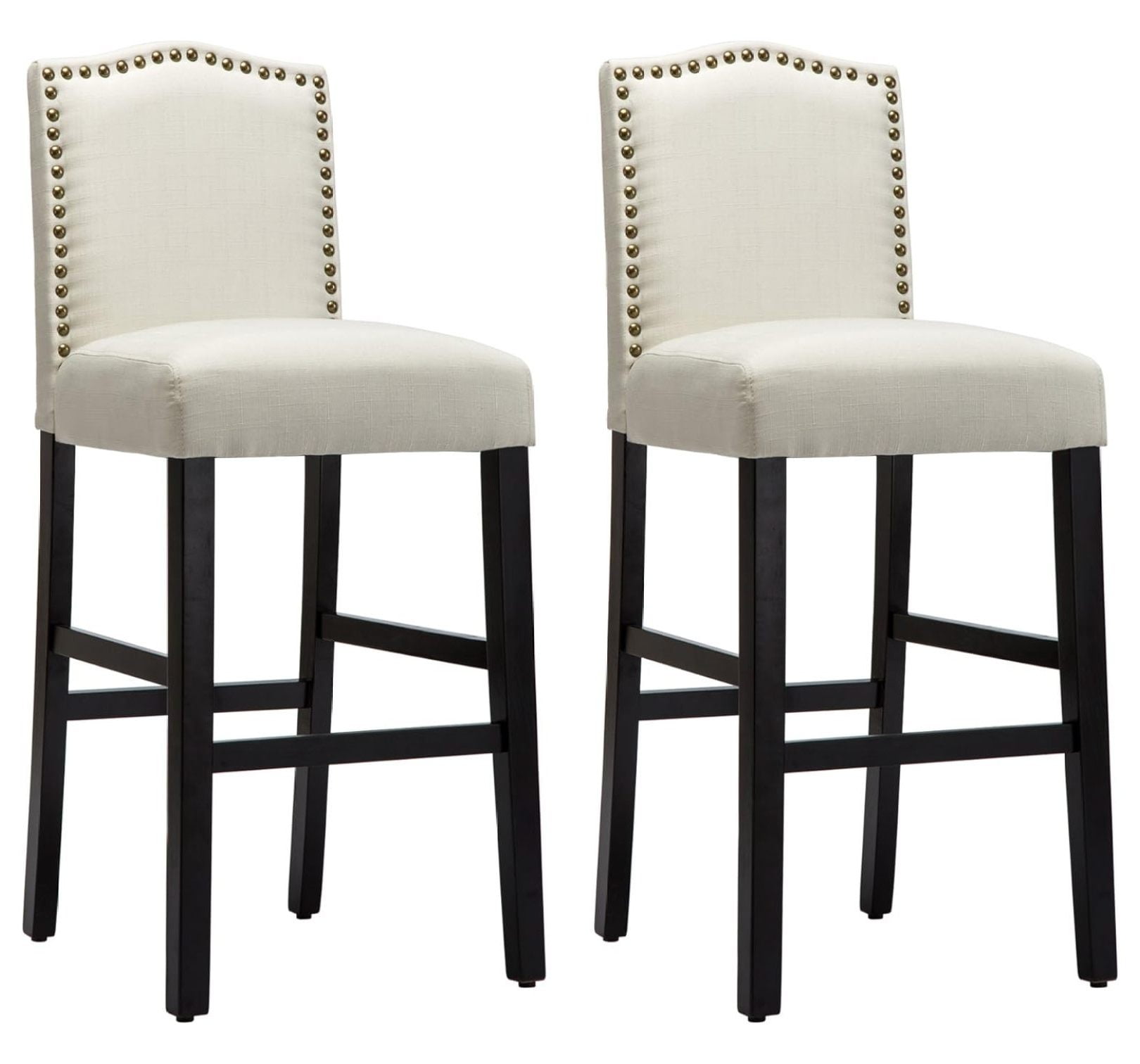 Beige Nailhead Studded Fabric Bar Stools with Wood Legs, Set of 2