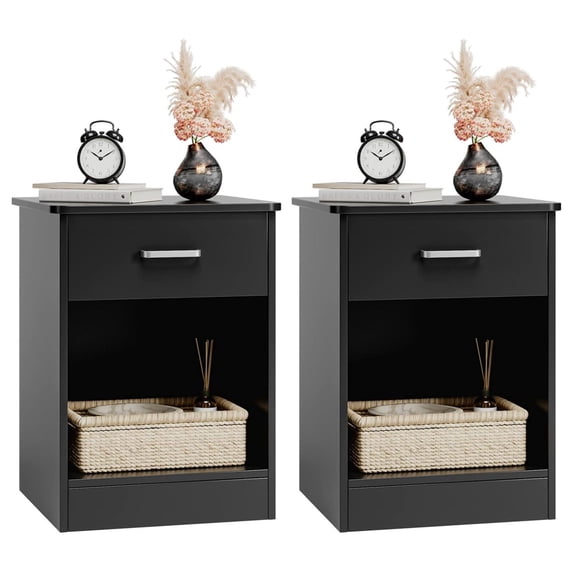 Bennium Nightstand, Set of 2, 2-Tier Side Table with Drawer and Storage Shelf, Bedside Table End Table, Modern Night Stand for Bedroom, Home Office,Black