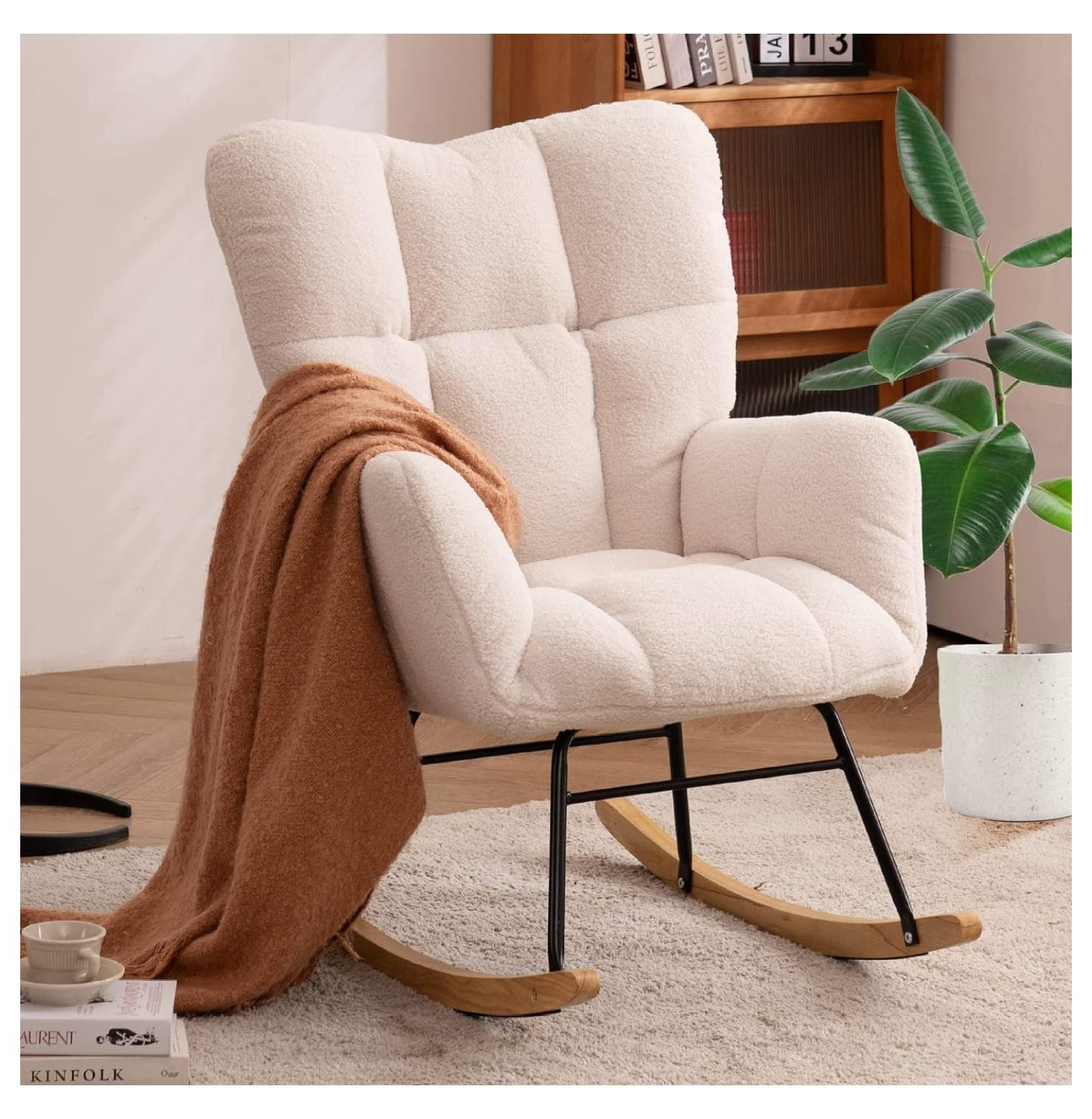 Ivory Boucle Upholstered Rocking Chair with Wood and Iron Frame