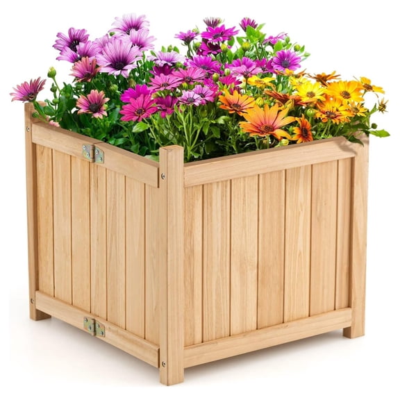 Bennium Outdoor Wooden Planter Box, Folding Raised Garden Bed W/Drainage Hole, Patio Square Plant Container for Flowers, Vegetables, Fruits, , Collapsible Planting Box for Yard, 15" x 15" x 14"