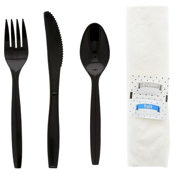 Bennium Six Piece Meal Kit with 12 x 13 Napkin, Salt and Pepper Packets, Black Medium-Plus Weight Fork, Knife, and Teaspoon, Case of 250
