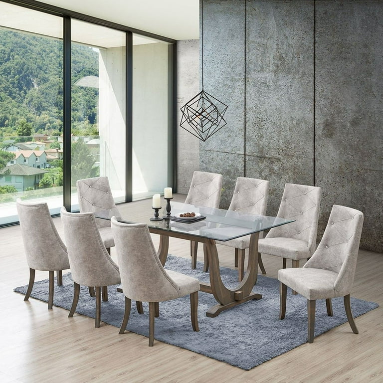 Benoit 9 Piece Glass Dining Set Gray Table 8 Silver Chairs