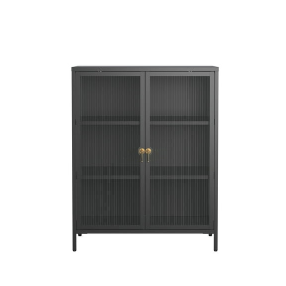 Benoite 40.04-inch Black Two Door Metal Storage Cabinet with Fluted Clear Doors and Gold Handles