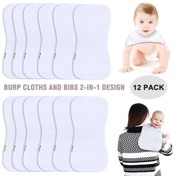 Benoxine Baby Soft Hypoallergenic Absorbent Spit Rags Burp Cloths and Bib 2-in-1 Design Set, 12-Pack