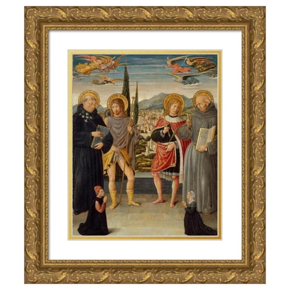 Benozzo Gozzoli 20x24 Gold Ornate Framed and Double Matted Museum Art Print Titled - Saints Nicholas of Tolentino, Roch, Sebastian, and Bernardino of Siena, with Kneeling Donors (1481)