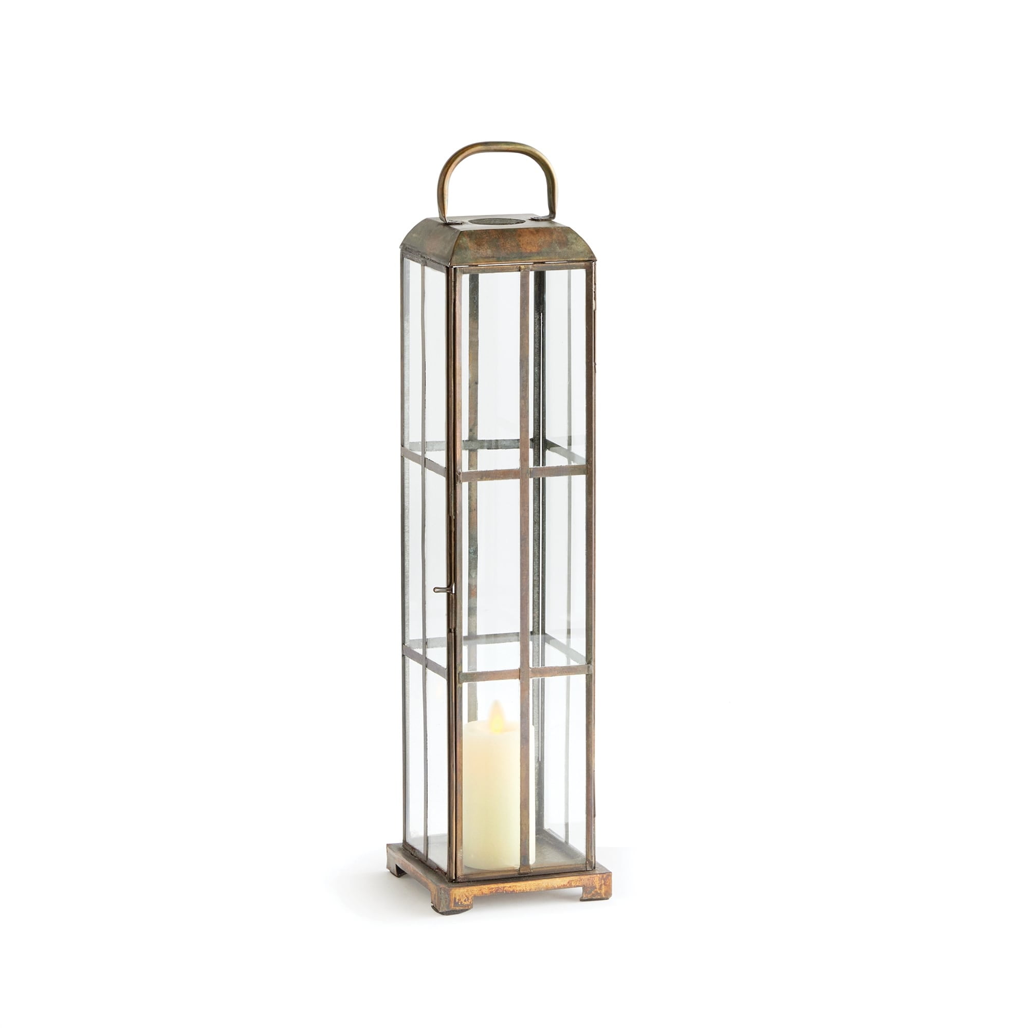 Tall Brass Hanging Candle Lantern with Glass Panels