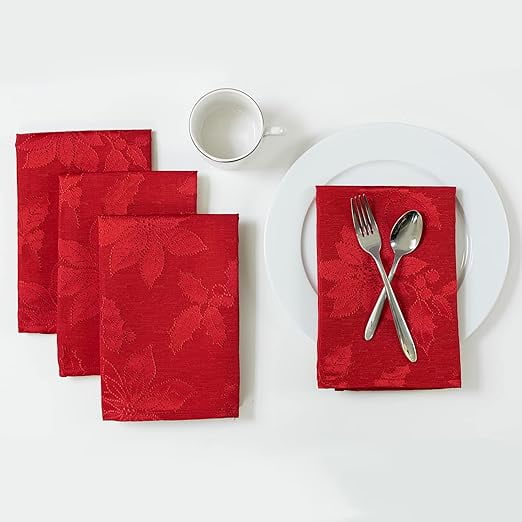 Benson Mills Poinsettia Legacy Damask Fabric Cloth Napkins for Holiday, Winter, and Christmas