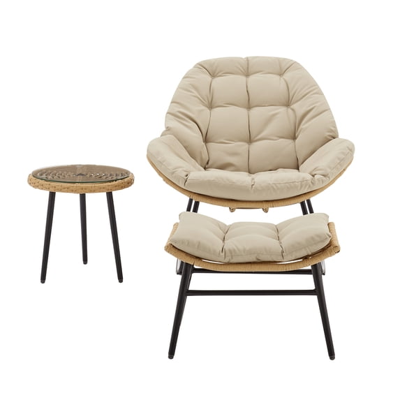 Benson Modern 3-Piece Patio Rocking Chair with Ottoman and Table in Cream