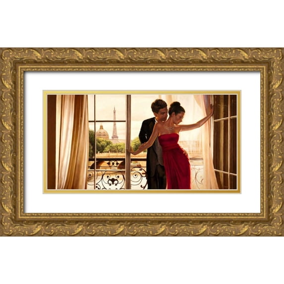Benson, Pierre 24x14 Gold Ornate Wood Framed with Double Matting Museum Art Print Titled - Lovers in Paris