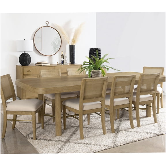 Benson Sand Wash Expandable Dining Table Set with 8 Cane Back Chairs, Light Brown Wood Finish for 8 Person Seating