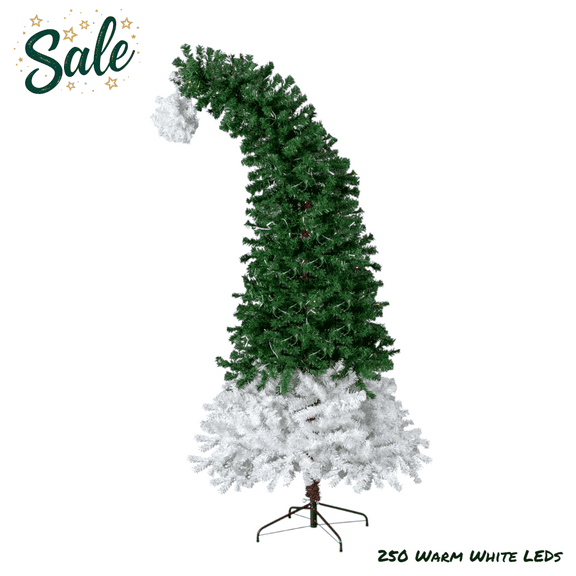 Bent-Top Xmas Tree, 6FT Pre-Lit Santa Hat Style Artificial Christmas Tree with 250 Warm White LED Lights & 8 Modes, 839 PVC Branch Tips & Sturdy Iron Base, Green+White