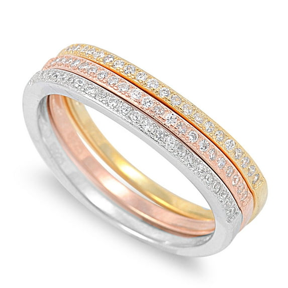 Bent Tri Toned Stackable Eternity Cubic Zirconia Ring Sterling Silver 925