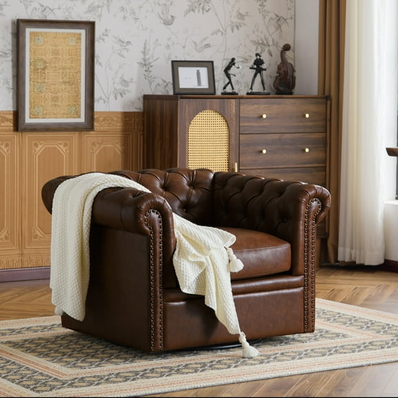 Bentar Chesterfield Swivel Club Chair with Button-Tufted Faux Leather, Nailhead Trim, Scrolled Arms, 360° Rotation, Dark Brown