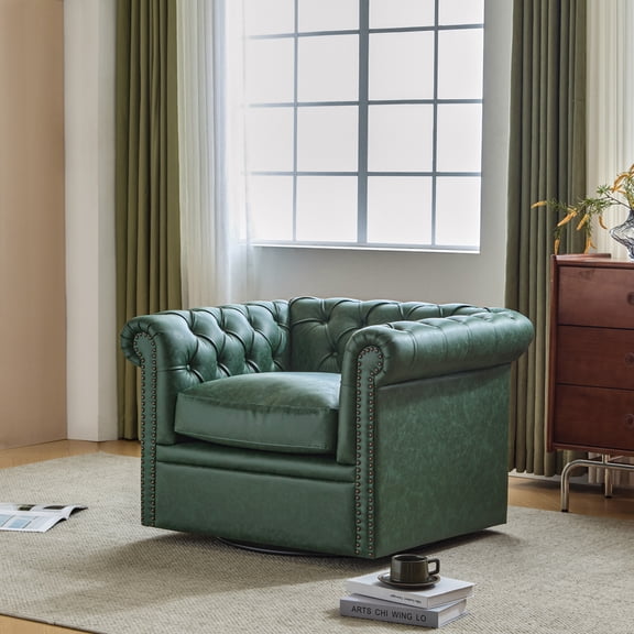 Bentar Chesterfield Swivel Club Chair with Button-Tufted Faux Leather, Nailhead Trim, Scrolled Arms, 360° Rotation, Green