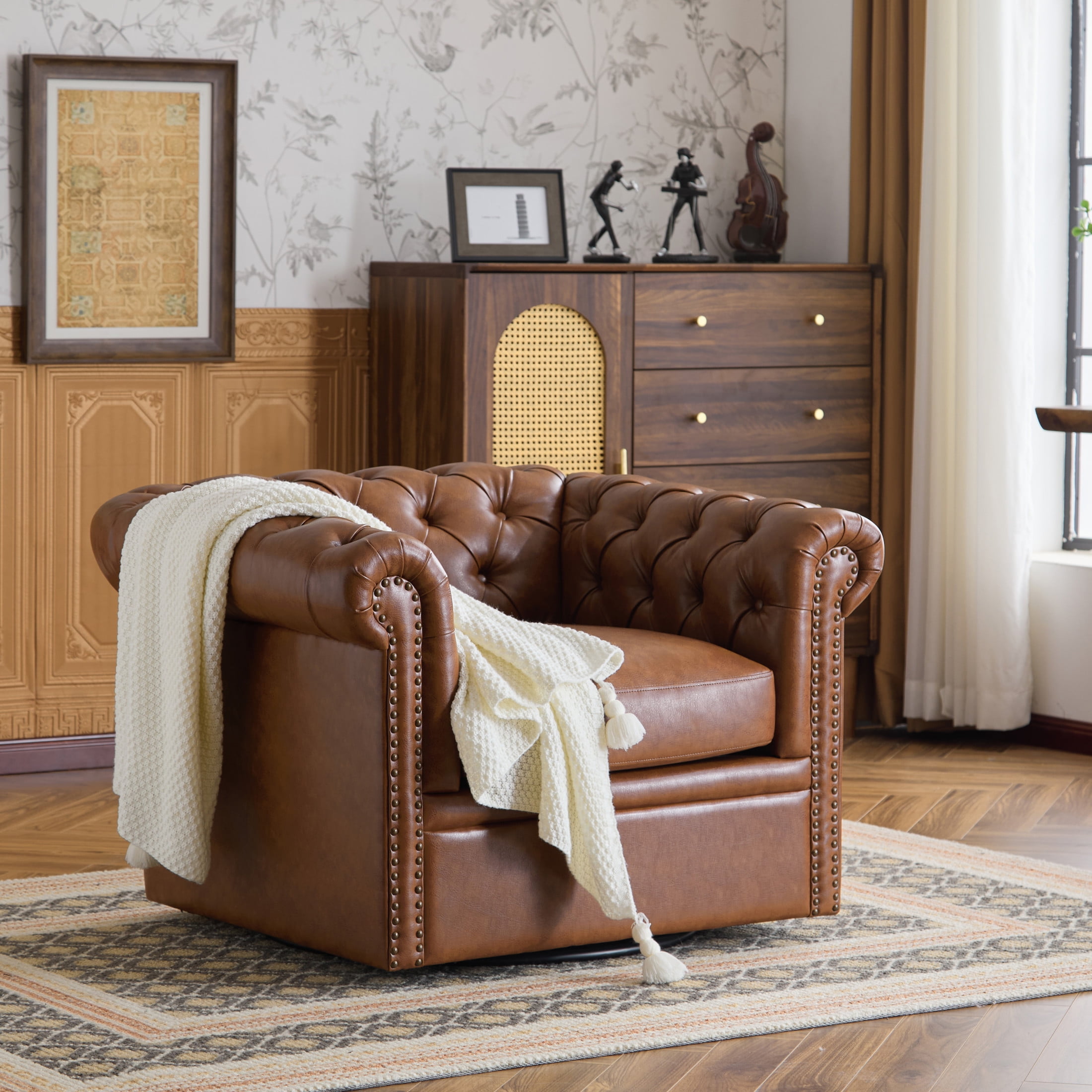 Bentar Upholstered Tufted Chesterfield 360 Degree Swivel Club Chair with Nailhead Trim, Cognac
