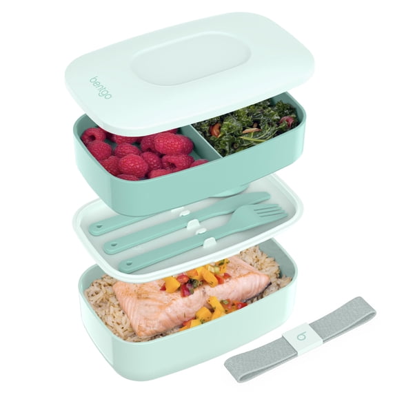 Bentgo Classic - Adult Bento Box Stackable 3-compartment Lunch With Removable Utensil Set And Sealing Strap Food Container Ideal For Meal Prep Work On The Go (coastal Aqua)