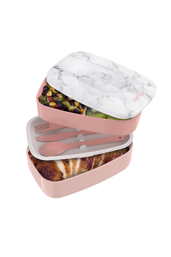 Classic - Adult Bento Box, Stackable 3-Compartment Lunch Box with Removable Utensil Set and Sealing Strap, BPA-Free, Food Container Ideal for Meal Prep, Work, and On the Go (Blush Marble)