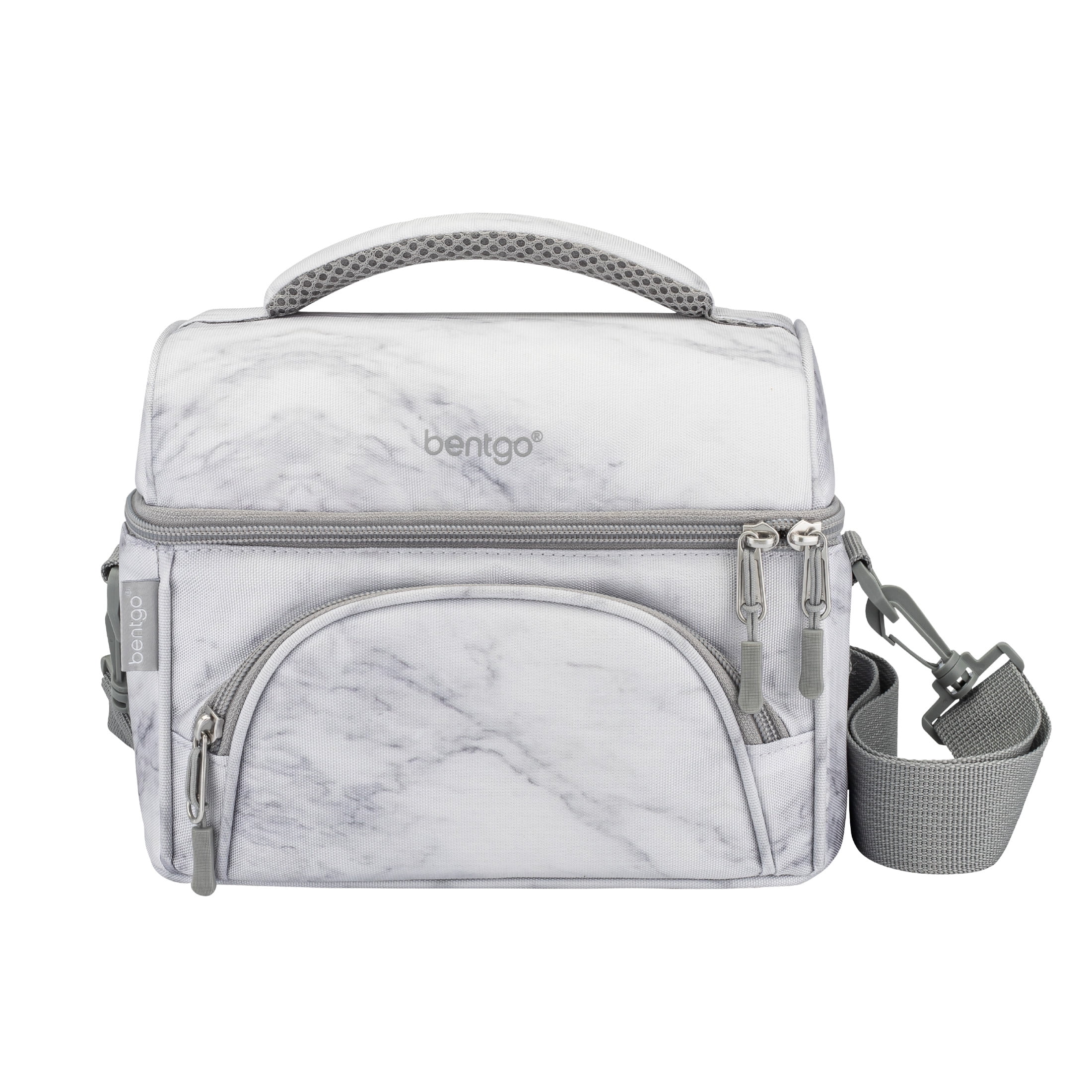 Bentgo Deluxe Lunch Bag - Durable and Insulated Lunch Tote with Zippered Outer Pocket, Internal Mesh Pocket, Padded & Adjustable Straps, & 2-Way Zippers - Fits Most Bentgo Lunch Boxes (White Marble)