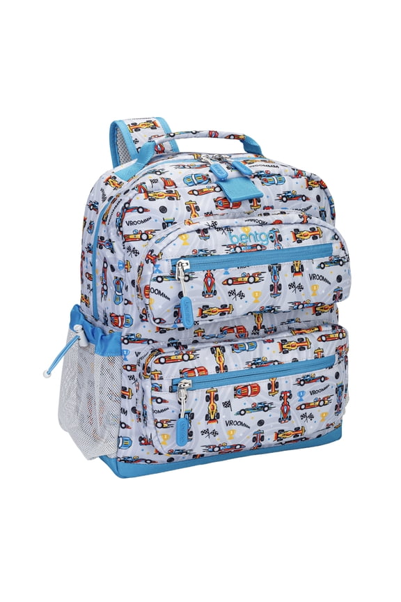 Kids Print Backpack - Lightweight 14” Backpack for School, Travel & Daycare, Ideal for Ages 4+, Durable & Water-Resistant, Roomy Interior, & Loop for Lunch Bag (Race Cars)
