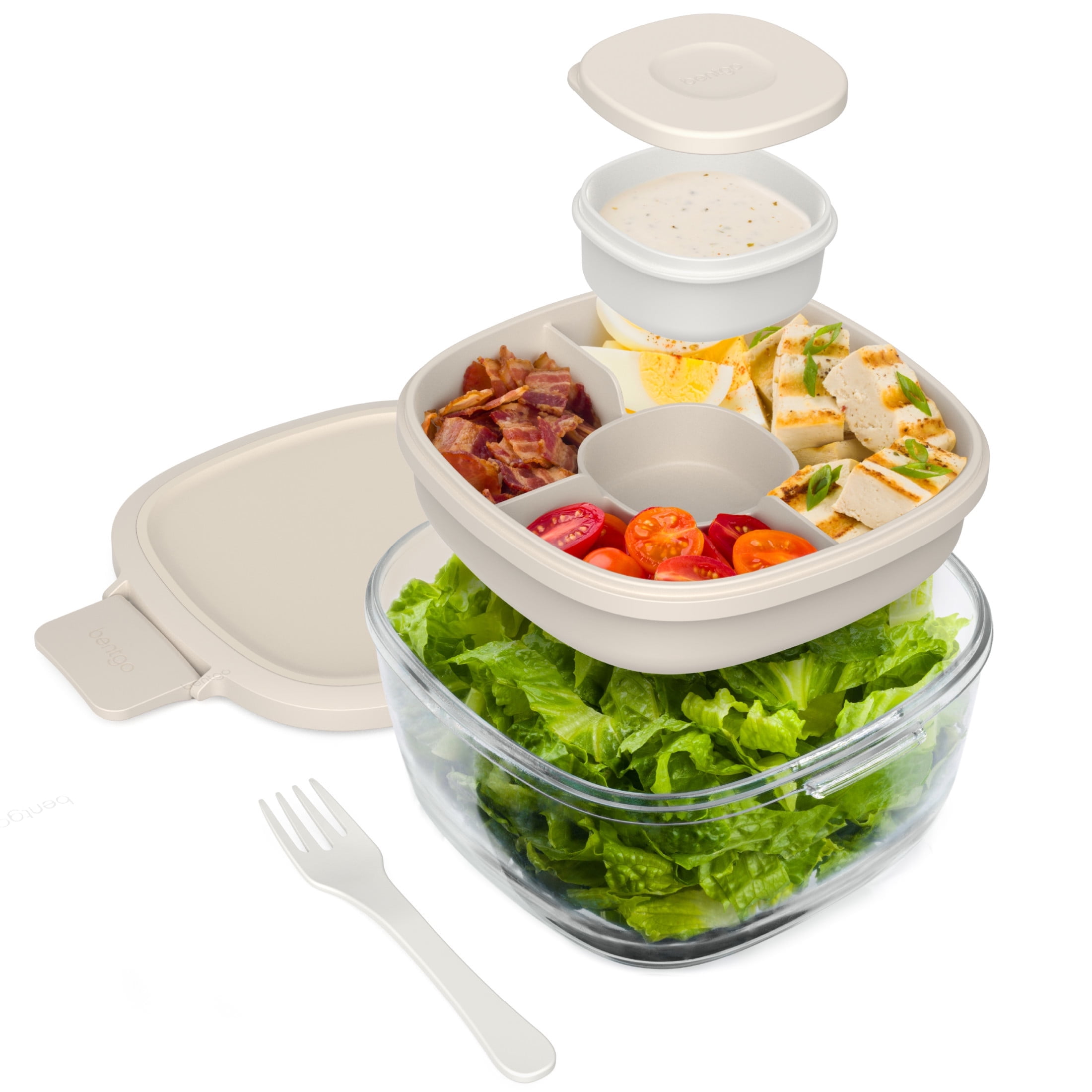 Bentgo® Glass All-in-One Salad Container - Large 61-oz Salad Bowl with Lid, 4-Compartment Bento-Style Tray, Sauce Container & Fork - Dishwasher, Microwave, and Oven Safe - White Stone Tan