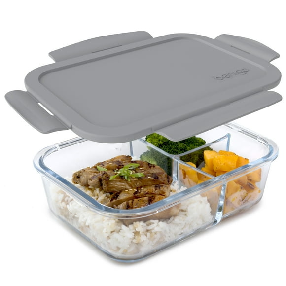Bentgo Glass (Gray) – Leak-Proof, 3-Compartment Oven-Safe Glass Lunch Container | Ideal for Portion-Control, Food Storage & Healthy On-the-Go Meals – FDA-Approved, BPA-Free, Food-Safe Materials