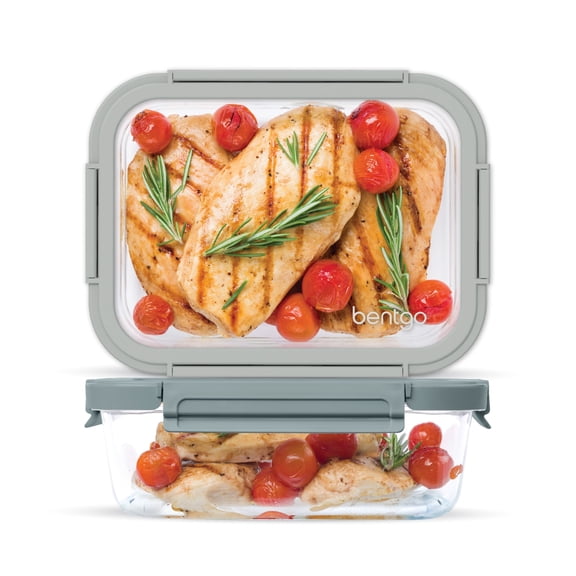 Bentgo Glass Leak-Proof Food Storage 4-Piece Set (Two 6.3 Cup Containers) Durable 1-Compartment Food Storage Containers & Airtight Locking Lids (Pebble/Stone)