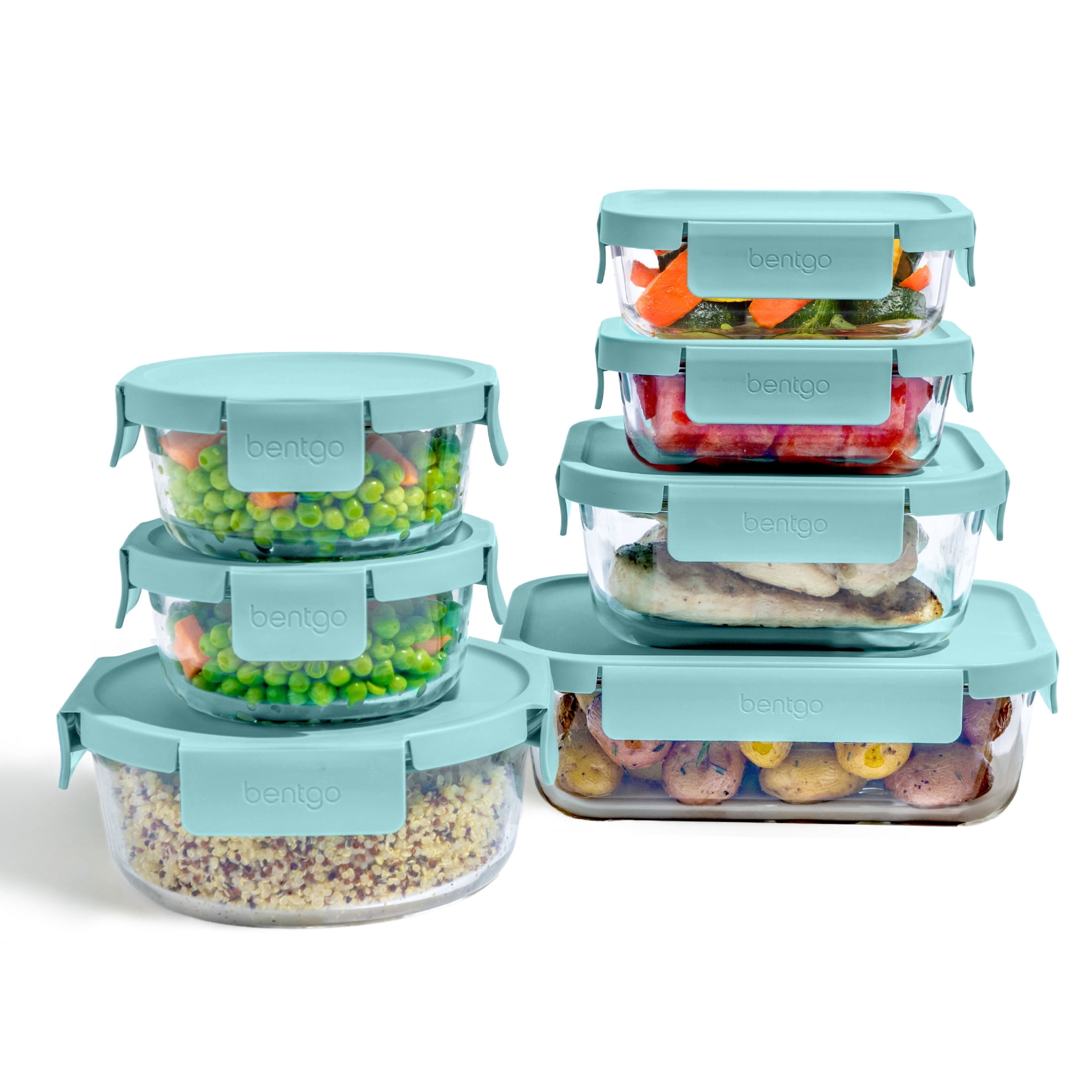 Bentgo Glass Leak-Proof Food Storage Set - 14-Piece Glass Containers with BPA-Free Airtight Lids, Reusable & Durable for Leftovers & Meal Prep - Microwave, Freezer, Oven & Dishwasher Safe (Soft Aqua)