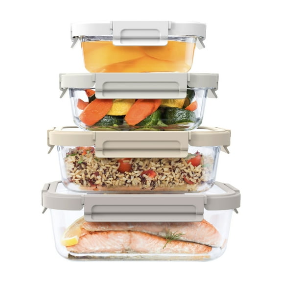 Bentgo® Glass Leak-Proof Food Storage Set - 8 Piece Stackable 1-Compartment Meal Prep Containers & Airtight Locking Lids, Reusable, BPA-Free, Microwave, Freezer, Oven, Dishwasher Safe (White Stone)